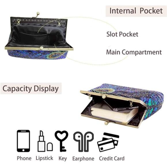 Womens Sequin Beaded Evening Bag Vintage Peacock Clutch Bags Wedding Party - Picture 5 of 7